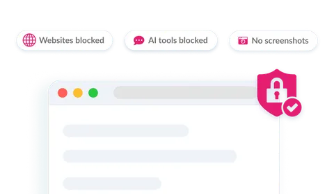 Synoptic desktop app lockdown with websites blocked, AI tools blocked, and no screenshots badges on a secured browser window.
