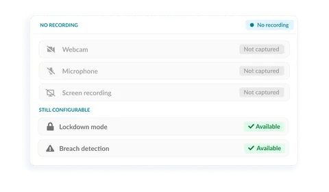 Synoptic no-recording proctoring settings with webcam, microphone and screen recording disabled, and lockdown mode and breach detection still available.