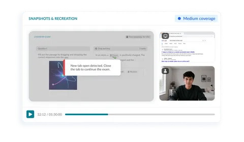 Synoptic snapshots and recreation monitoring with a chemistry exam, new tab detection alert, screen capture, webcam feed and playback timeline.