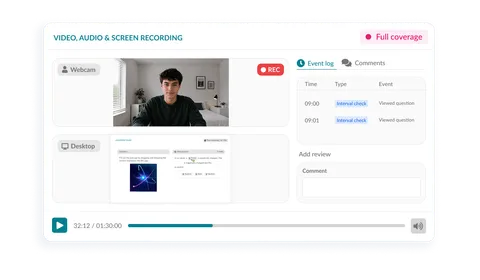 Synoptic video, audio and screen recording dashboard with live webcam and desktop feeds, event log and playback controls.