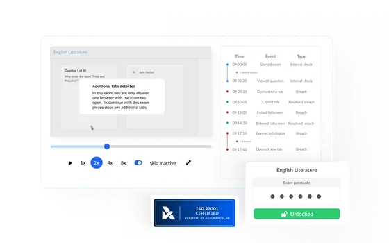 Synap exam security settings showing anti-cheat controls, disabled copy and paste, and question randomisation