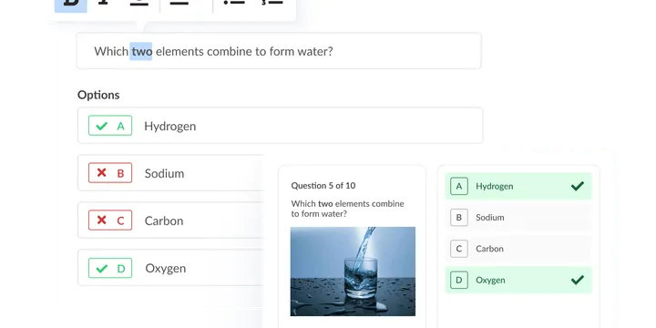 Exam authoring interface with question types and formatting options.