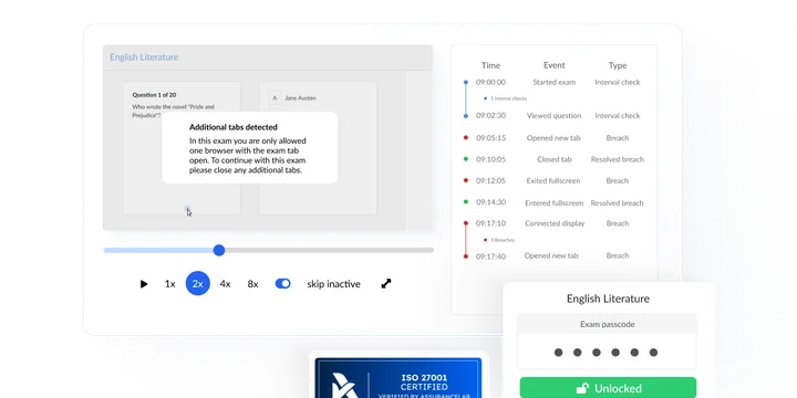Exam security and proctoring breach detection interface.