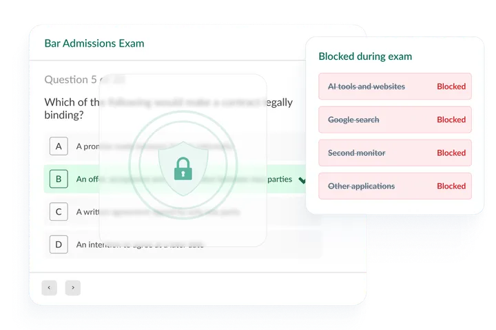 Online exam question with an Exam browser locked overlay: shield and padlock on a bar admissions exam screen.