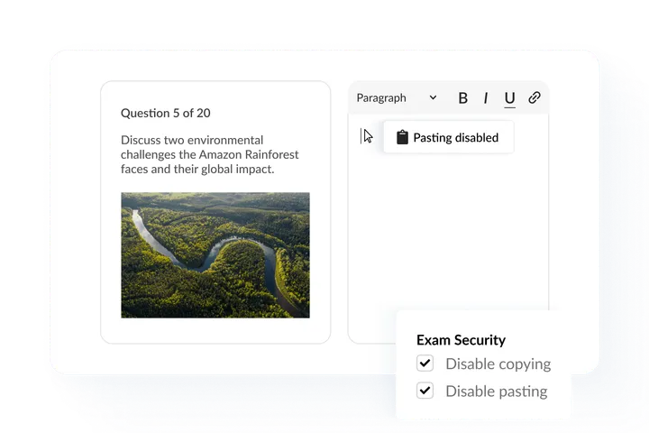 Exam security settings with copy and paste disabled for candidates.