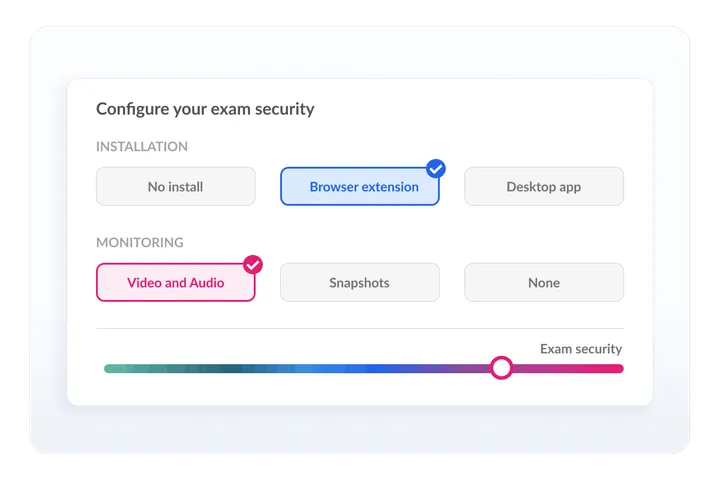 Synoptic exam security configuration in Synap with installation options for no install, browser extension, or desktop app, and monitoring options for video and audio, snapshots, or none.