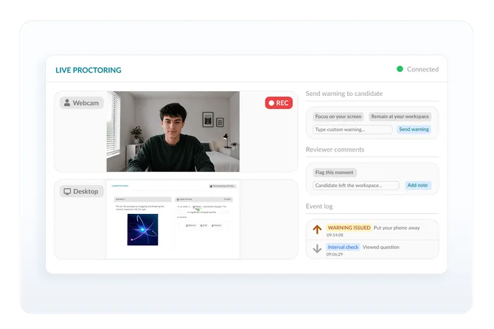 Synoptic live proctoring dashboard with webcam and desktop views, warning controls, reviewer comments and event log.