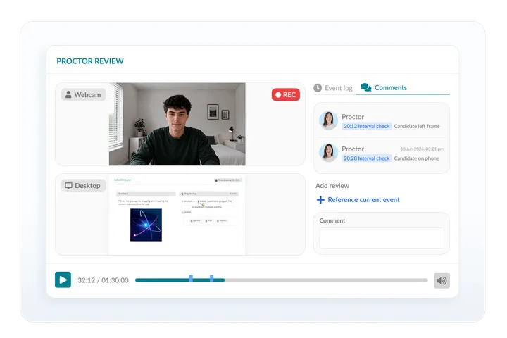 Synoptic proctor review interface with webcam and desktop recordings, timestamped reviewer comments and video playback timeline.