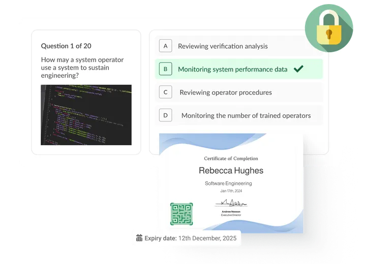 Certification exam and proctoring interface.