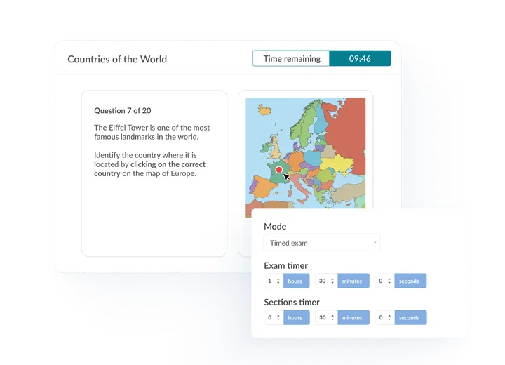 Online exam question with countdown timer showing time remaining for candidates.