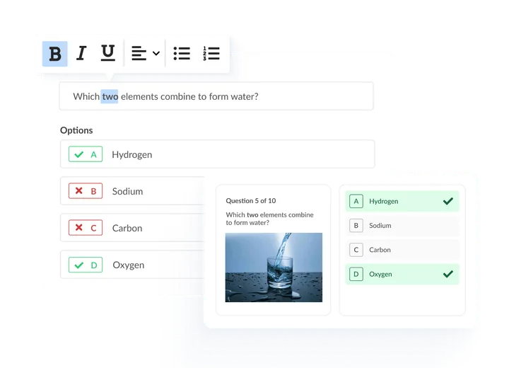 Exam authoring interface with question types and formatting options.