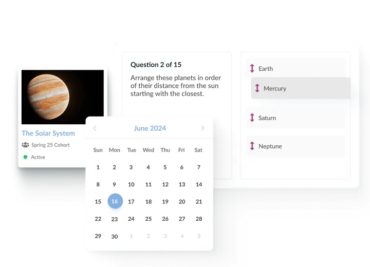 Online exam platform interface showing an interactive solar system quiz, draggable planet order question, and June 2024 exam calendar.