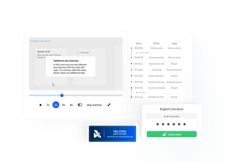 Exam security and proctoring breach detection interface.