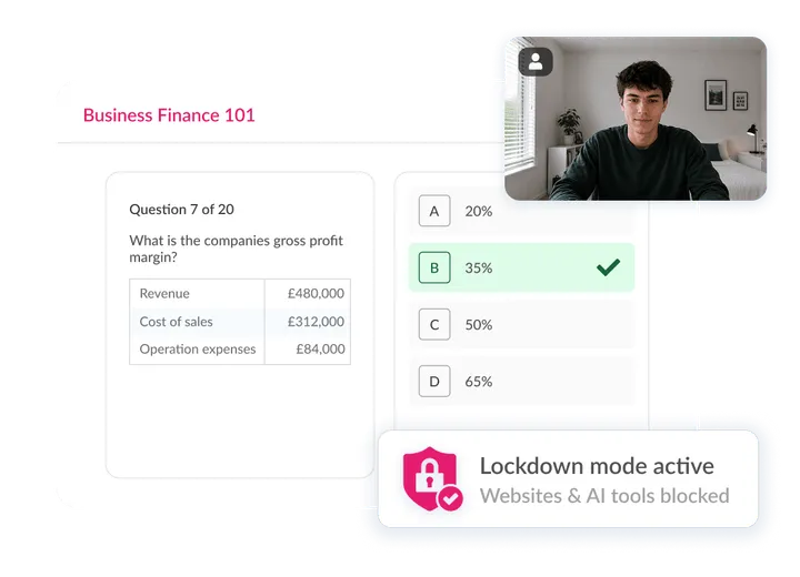 Proctored online exam in Synap showing a multiple-choice finance question, live candidate webcam feed, and Synoptic lockdown mode blocking websites and AI tools.
