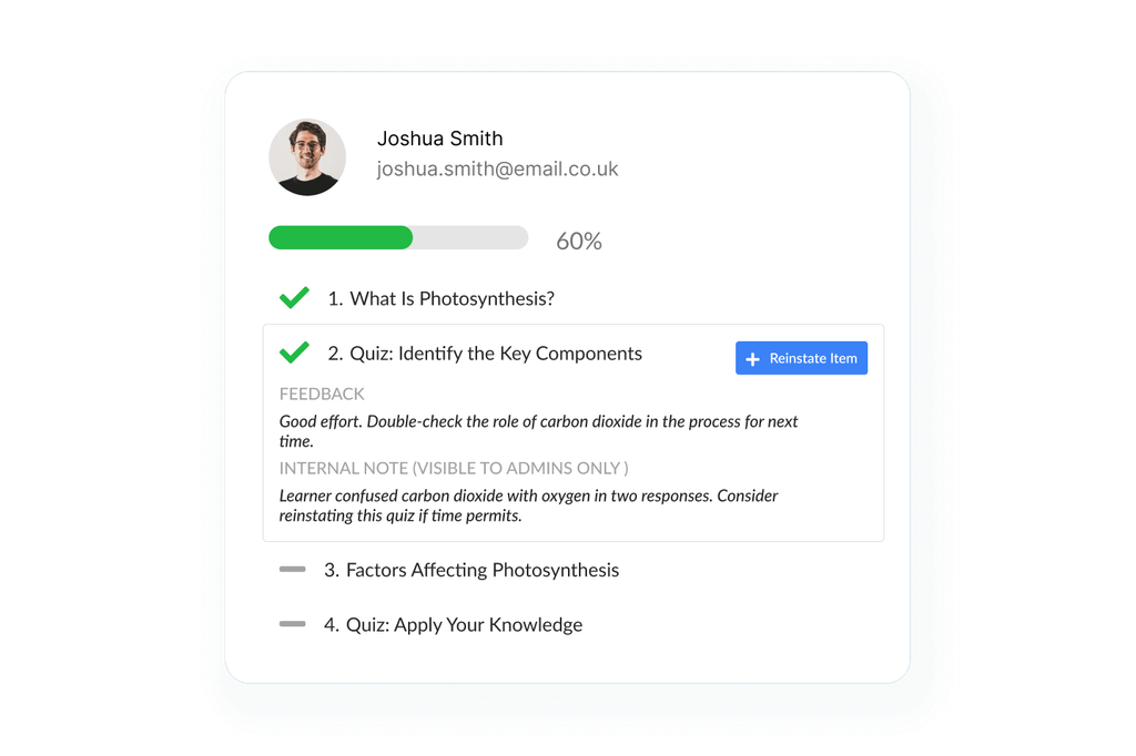 Interface showing learner feedback and review tools.