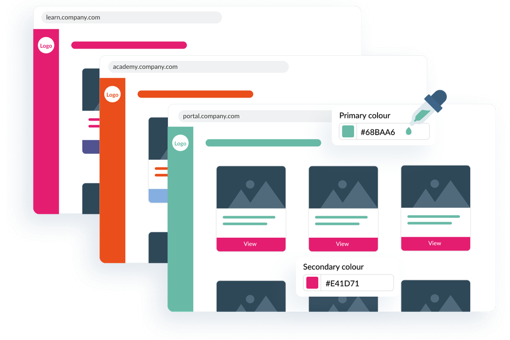 Synap branding options with customisable domain, logo, and primary and secondary colours for a tailored learning portal.