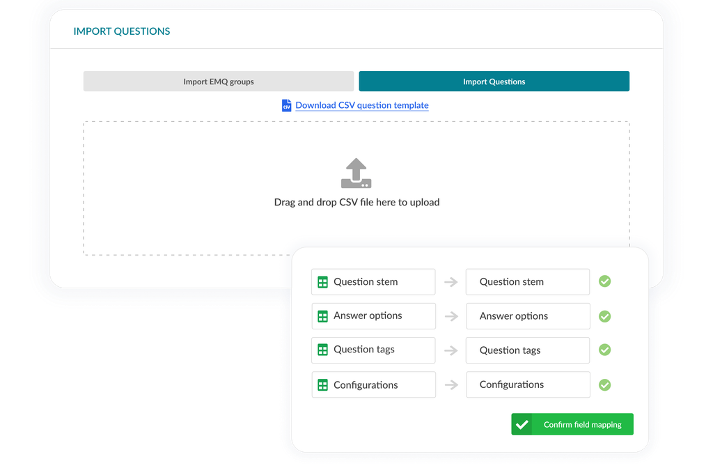 CSV question import tool with drag-and-drop upload and field mapping confirmation.