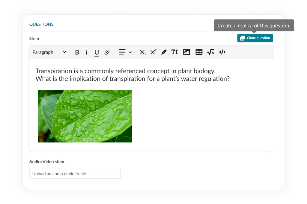Question editor showing option to clone or duplicate an existing question.