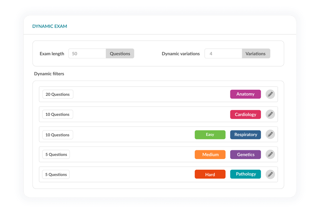 Dynamic exam settings showing filters based on difficulty and topic to generate variations.