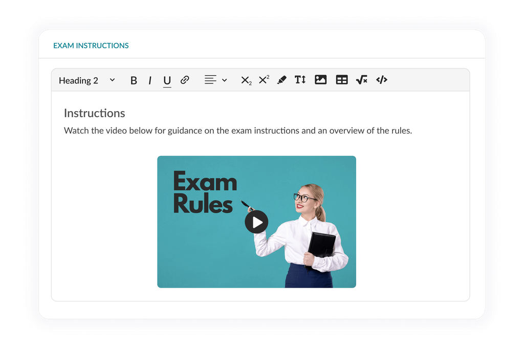 Exam instructions editor with embedded instructional video about exam rules.
