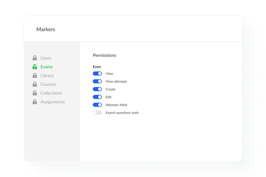 Exam marker role permissions interface with options to view attempts and mark exams.