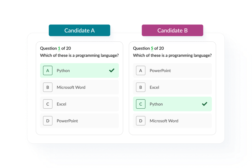 Exam question randomisation showing different question orders for two candidates.