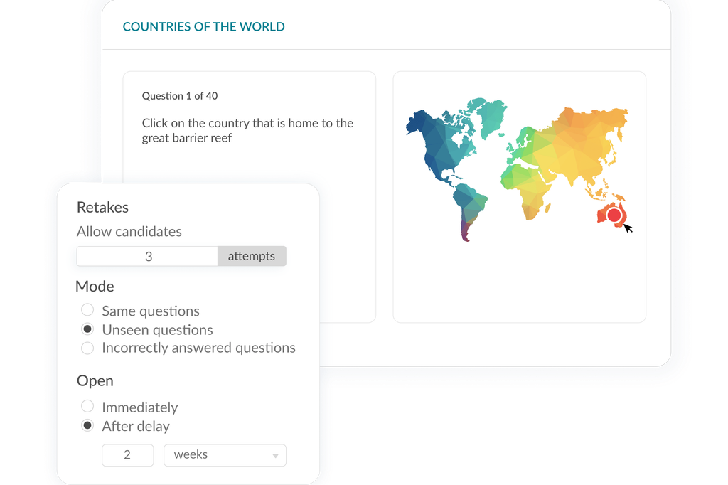 Exam settings panel showing retake options, unseen questions mode and attempt limits.