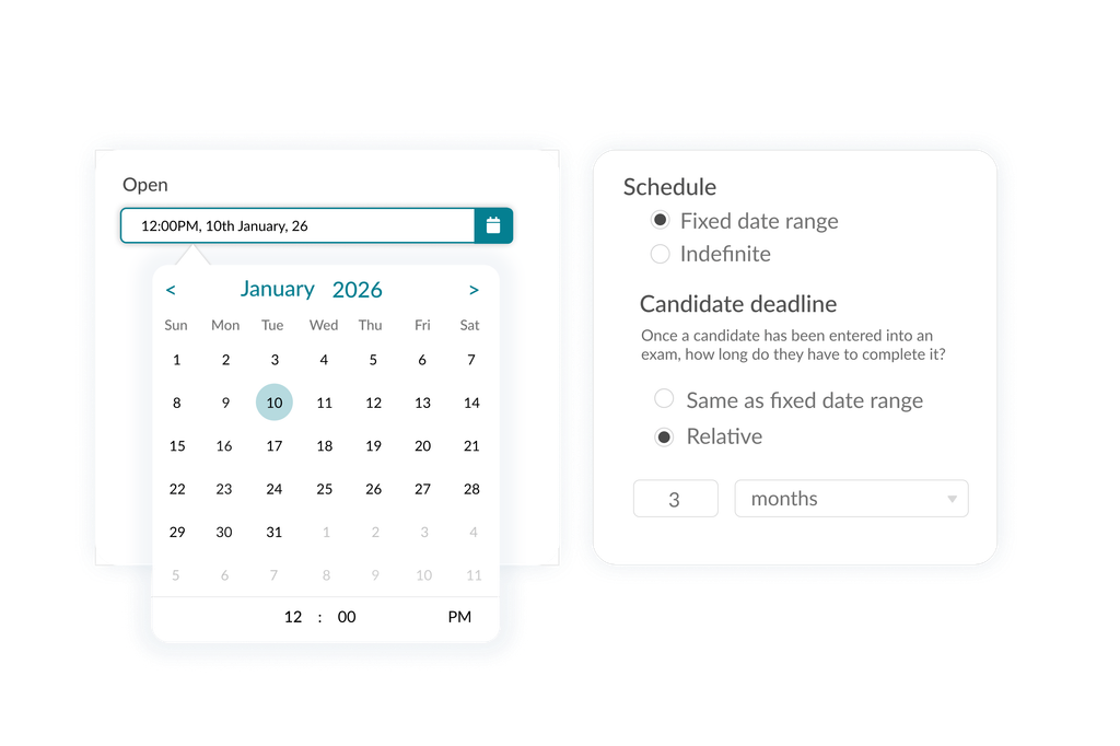 Calendar interface showing fixed date scheduling and candidate deadline configuration.