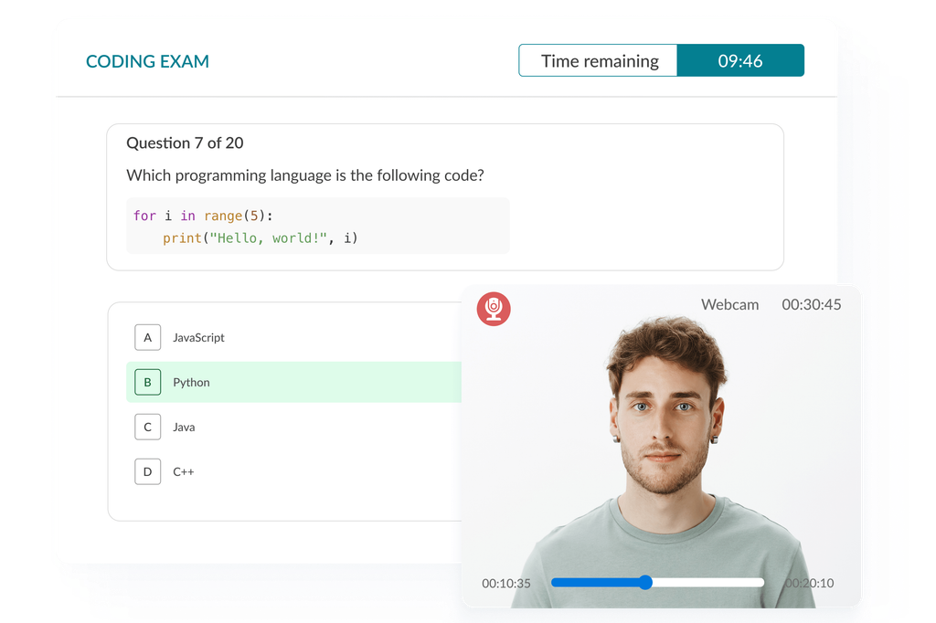 Exam interface showing candidate live webcam feed for online proctoring.