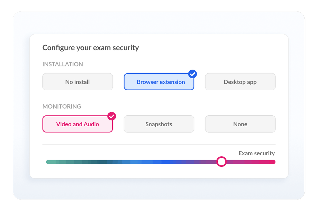 Synoptic exam security configuration in Synap with installation options for no install, browser extension, or desktop app, and monitoring options for video and audio, snapshots, or none.