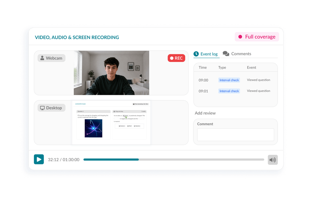 Synoptic video, audio and screen recording dashboard with live webcam and desktop feeds, event log and playback controls.
