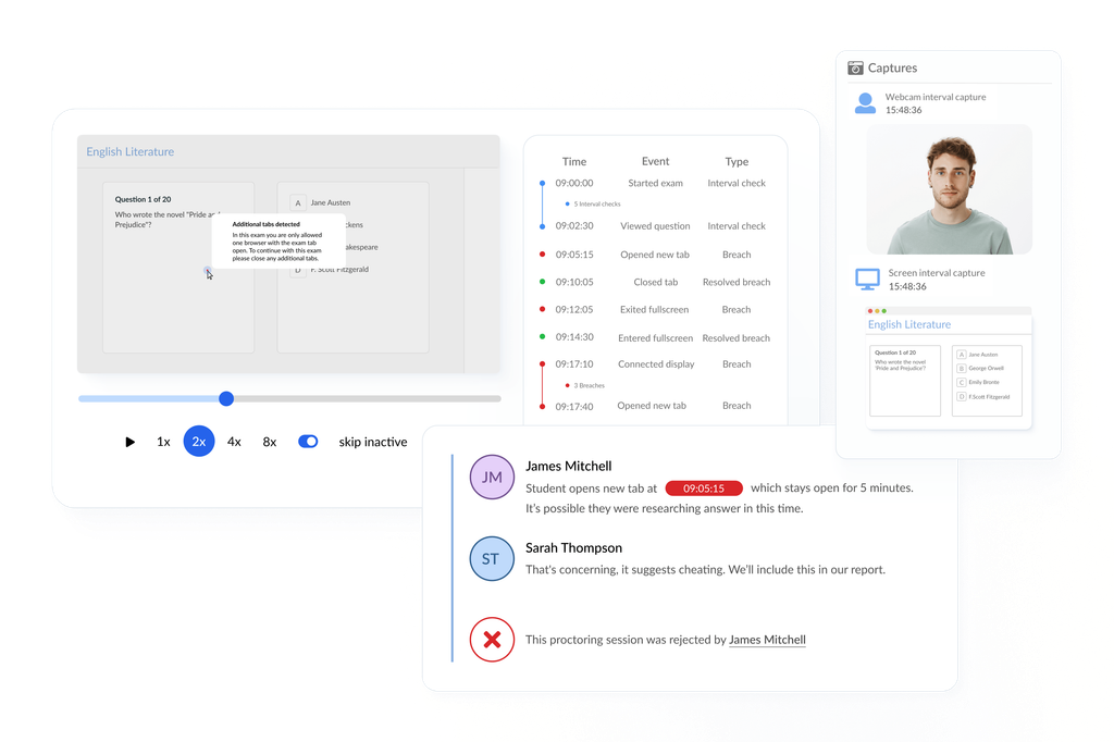 Online proctoring review screen with timeline events, webcam captures and flagged incidents.