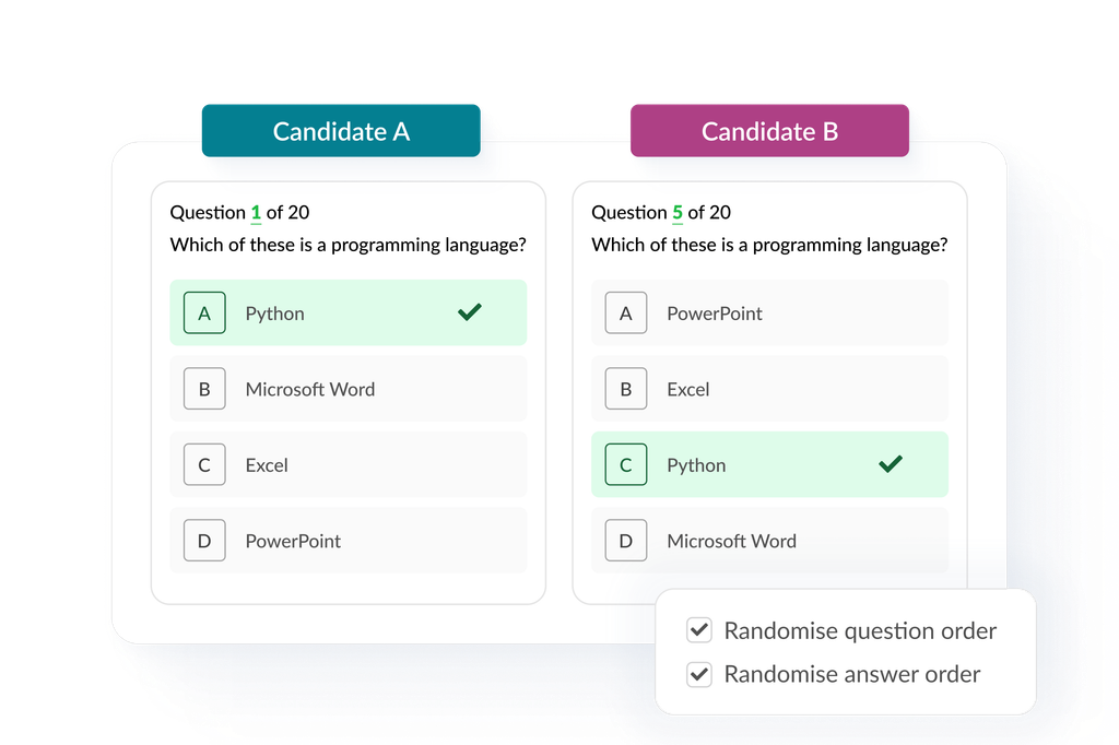 Side-by-side exam comparison showing randomised question and answer order.