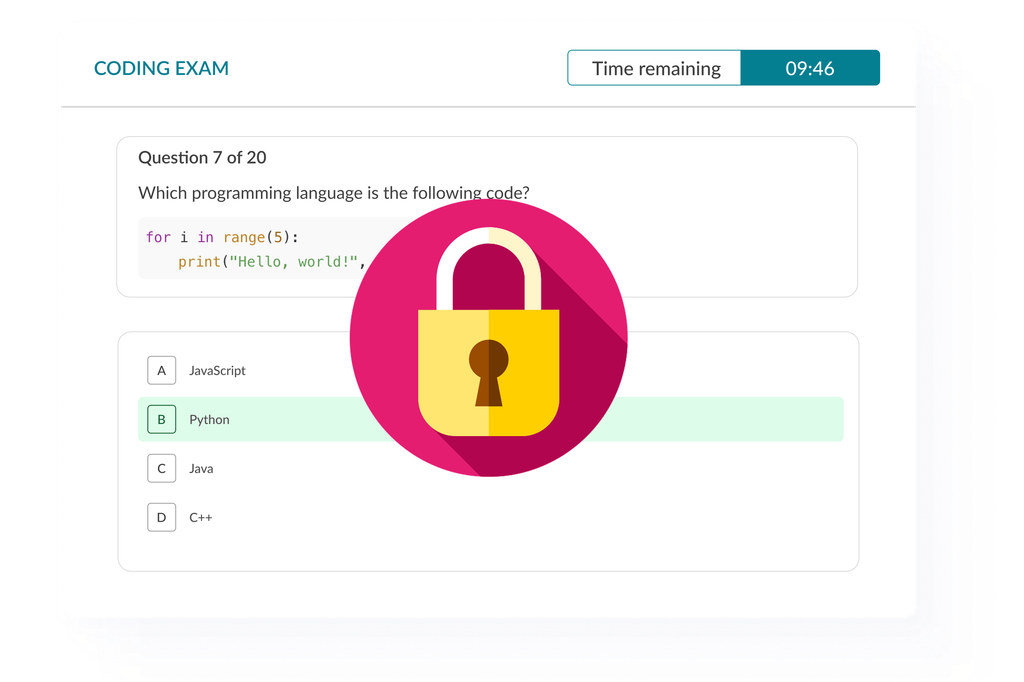 Coding exam protected by lockdown browser mode with a security lock icon overlay.