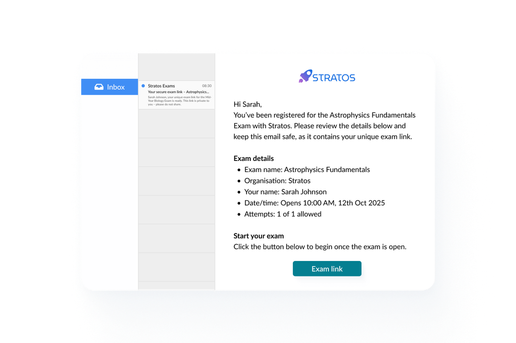Secure exam invitation email showing candidate details and unique exam link.