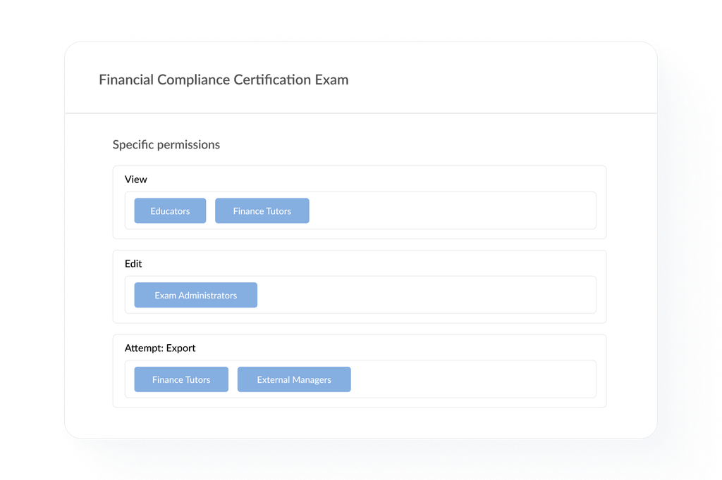 Specific exam permissions interface showing access roles for educators, tutors, and managers.