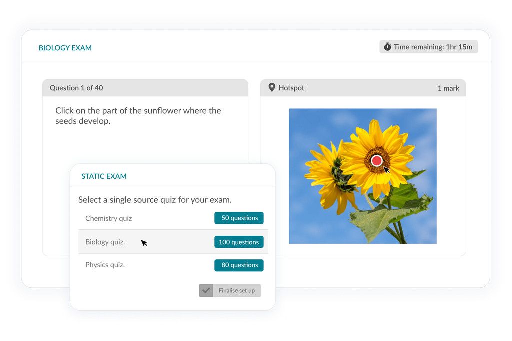 Biology exam with hotspot question and selection panel for choosing quiz source.