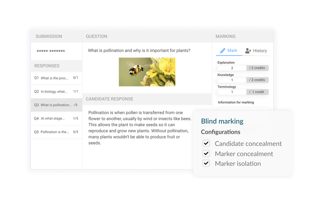Blind marking configurations showing candidate and marker concealment in the Synap marking UI.