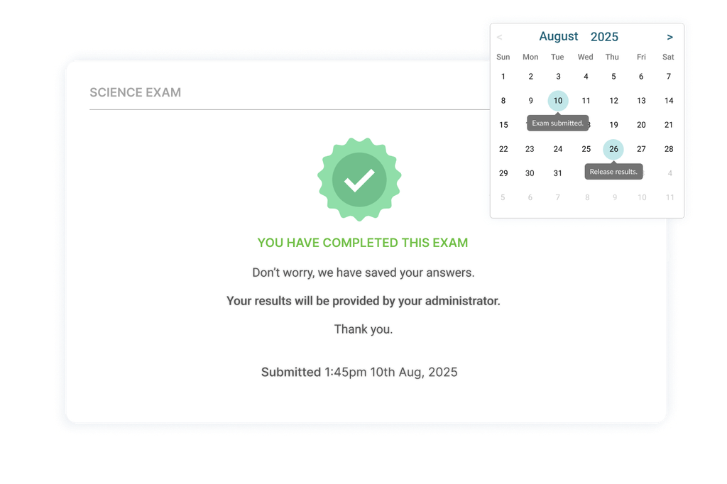 Deferred exam results with admin-controlled release schedule.