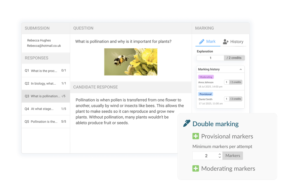 Double marking with provisional and moderating markers and audit history.