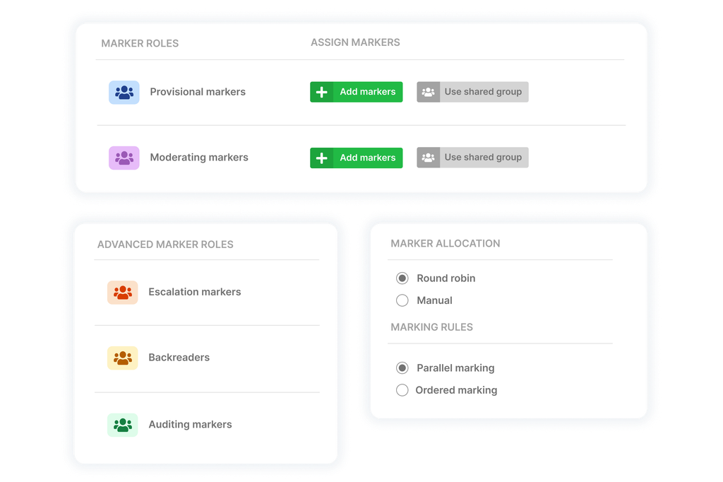 Grading roles and allocation settings, including provisional, moderating, escalation, backreaders and auditing markers.