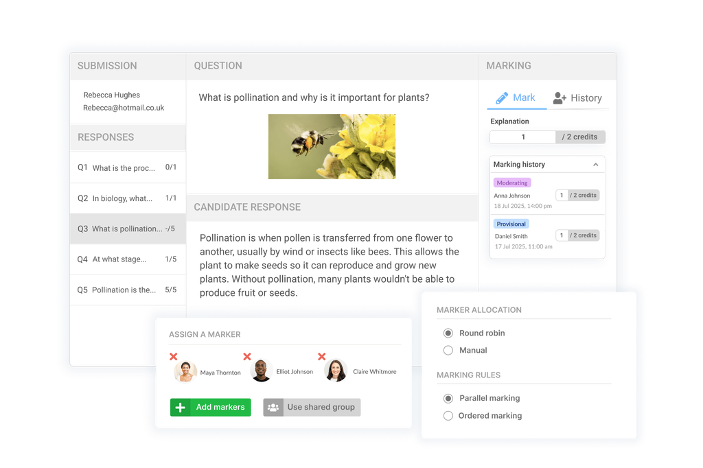 Synap exam grading dashboard with candidate responses and marker assignment.