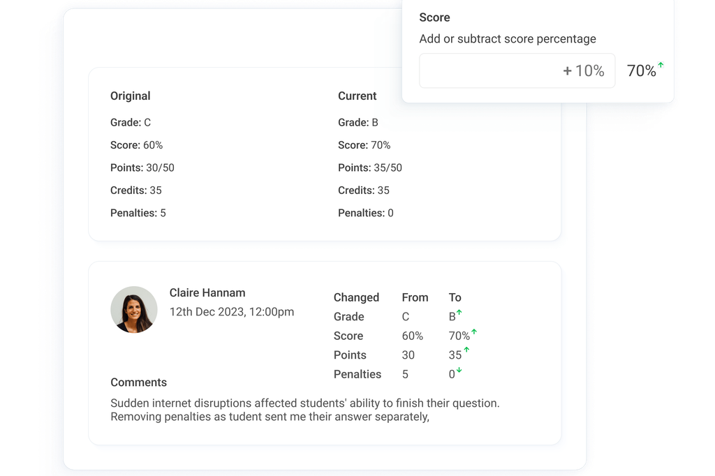Override grade screen with full audit trail showing user, timestamp, and changes to grade, score, points and penalties.