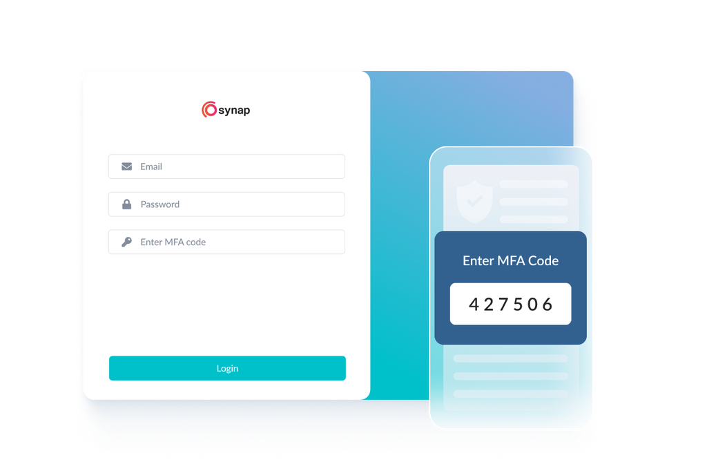 Synap exam platform login screen prompting multi-factor authentication with a verification code from an authenticator app