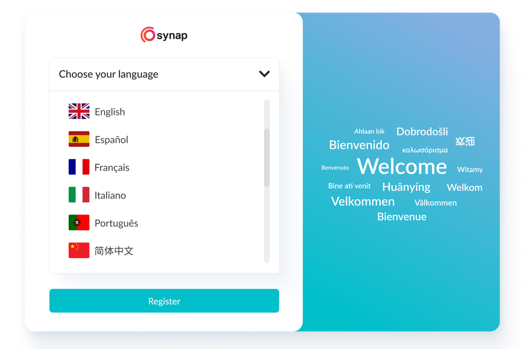 Synap exam platform language selector and multilingual interface supporting 20+ languages for international candidates