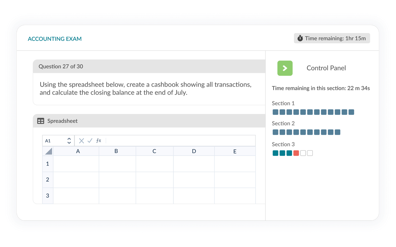 Spreadsheet-style question shown in a timed Synap exam.