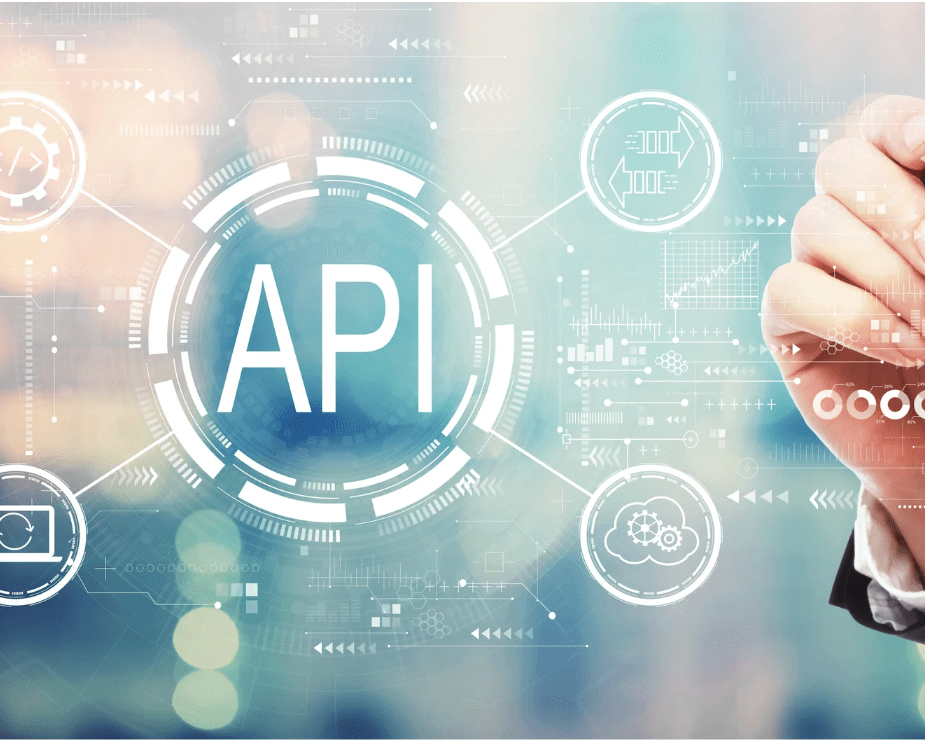 Hand drawing over a digital interface with the word API in the center, surrounded by icons representing cloud computing, data syncing, and system integration.