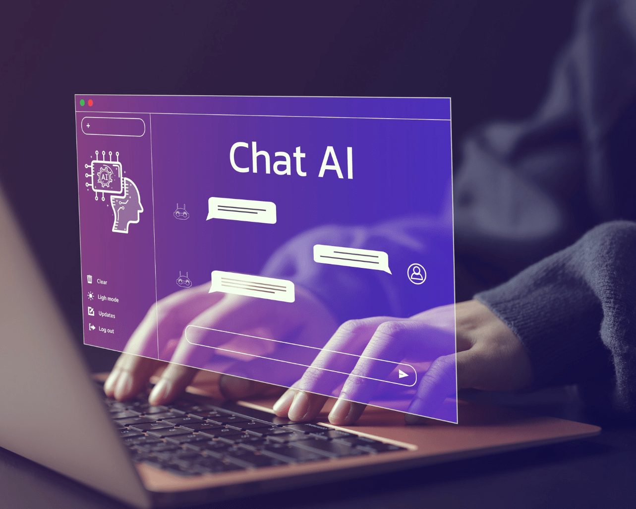 Person using a laptop with a futuristic overlay showing a chatbot interface labeled 'Chat AI', representing how students might access AI tools during exams.