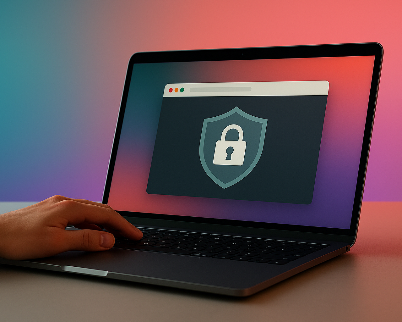 A laptop screen showing a locked browser interface during a secure online exam, against a soft teal and coral gradient background.