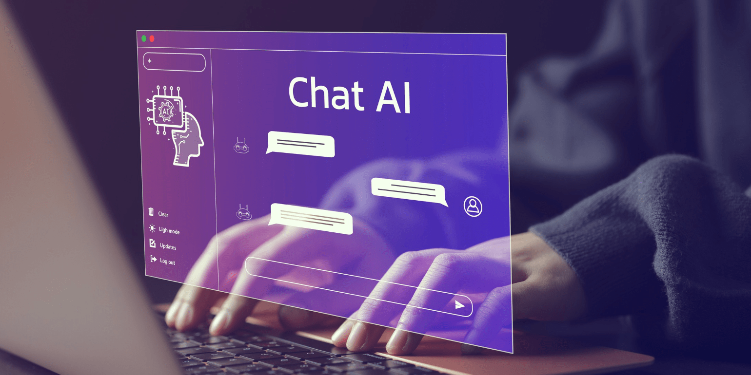 Person using a laptop with a futuristic overlay showing a chatbot interface labeled 'Chat AI', representing how students might access AI tools during exams.